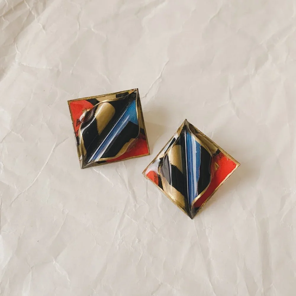 Vintage Orange Blue Gold Funky Abstract Mod Diamond Plastic Statement Earrings - Picture 4 of 10